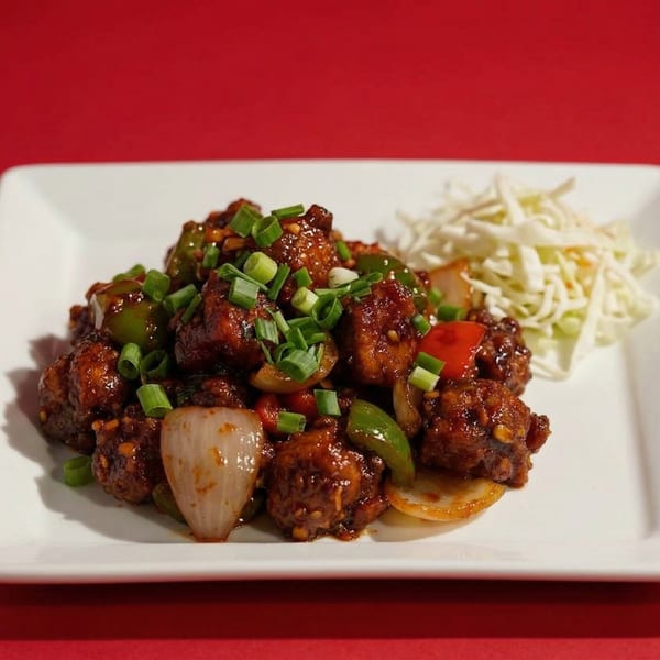 Spicy chicken Manchurian with bell peppers, onions, and scallions, served with shredded cabbage.