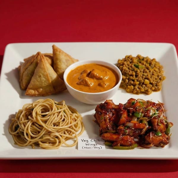 A white rectangular plate filled with samosas, noodles, chili wings, curry, and a lentil dish.
