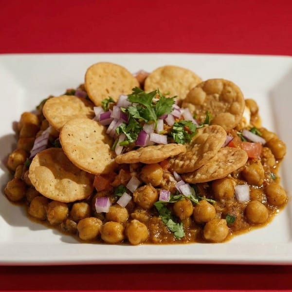 Chana chaat, a chickpea dish topped with crispy flatbread, diced red onions, and cilantro.